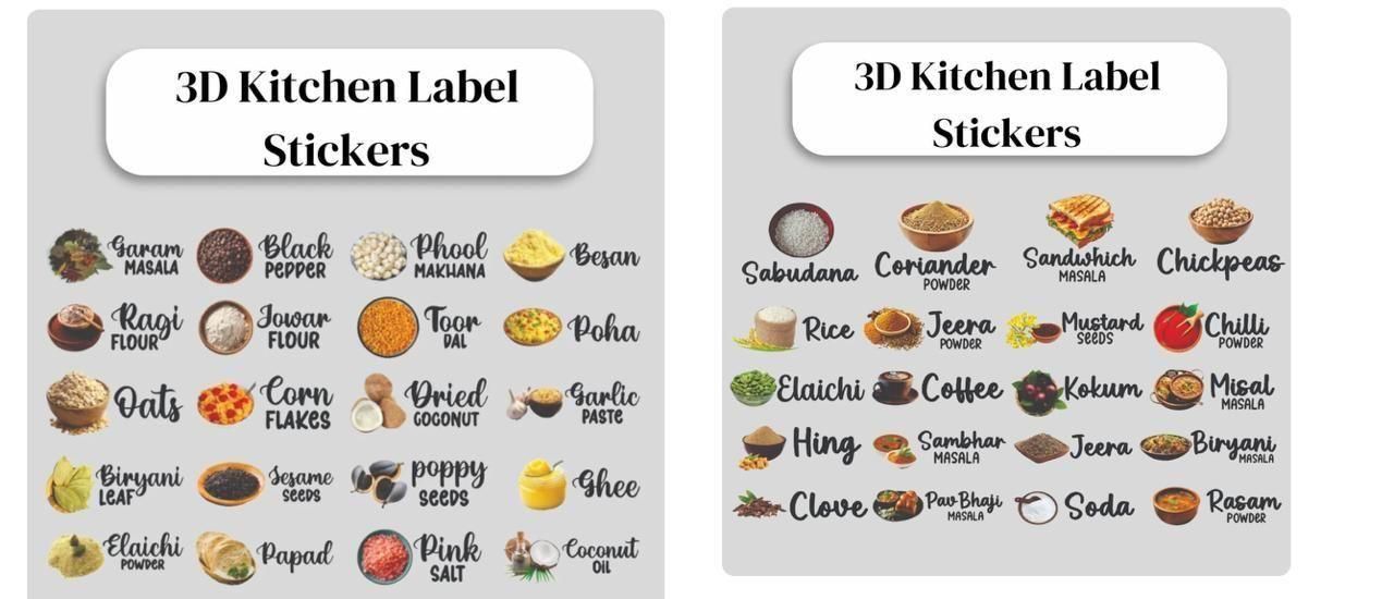 3D Kitchen Label Stickers (Pack of 60, 120, 180)